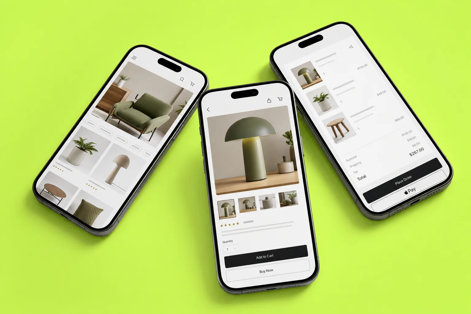 Three iPhone 15 smartphones floating over a bright lime green background, showing realistic ecommerce website screenshots with product pages and checkout views.